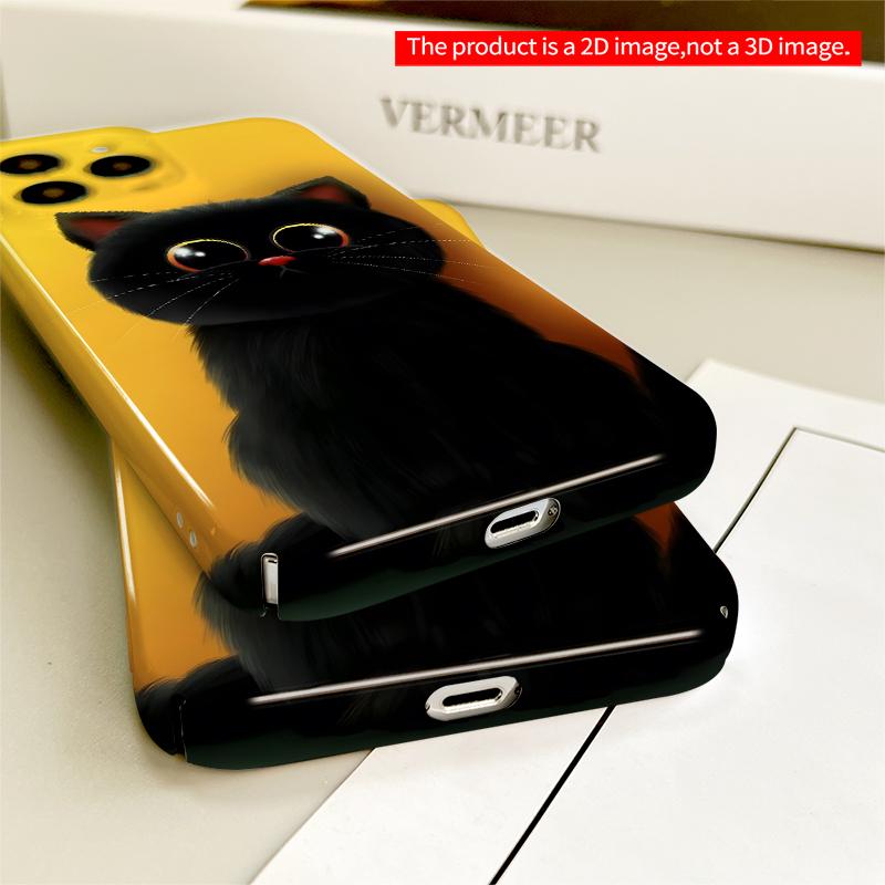2DFlat Cute Black Kitten on Yellow Background Phone Case All inclusive film hard iPhone case, compatible with iPhone 18 Pro Max 17 16 15 14 13 12 11