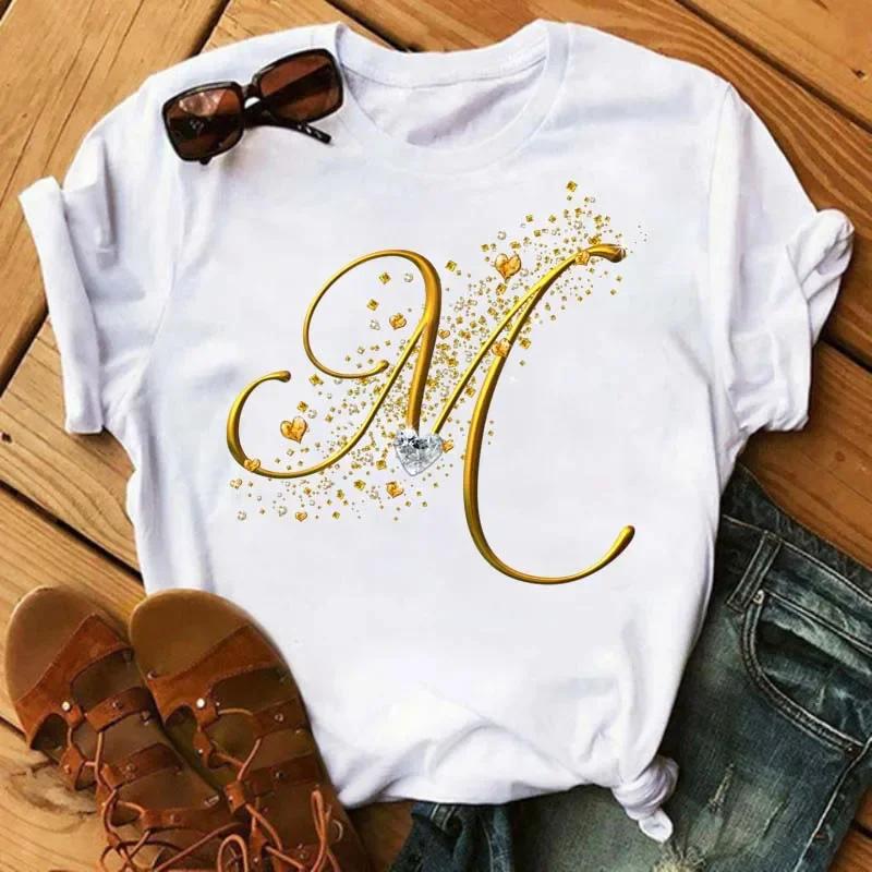 A letter combination Tshirt with a custom name suitable for short sleeved women's clothing with gold diamond letter font ABCDEF