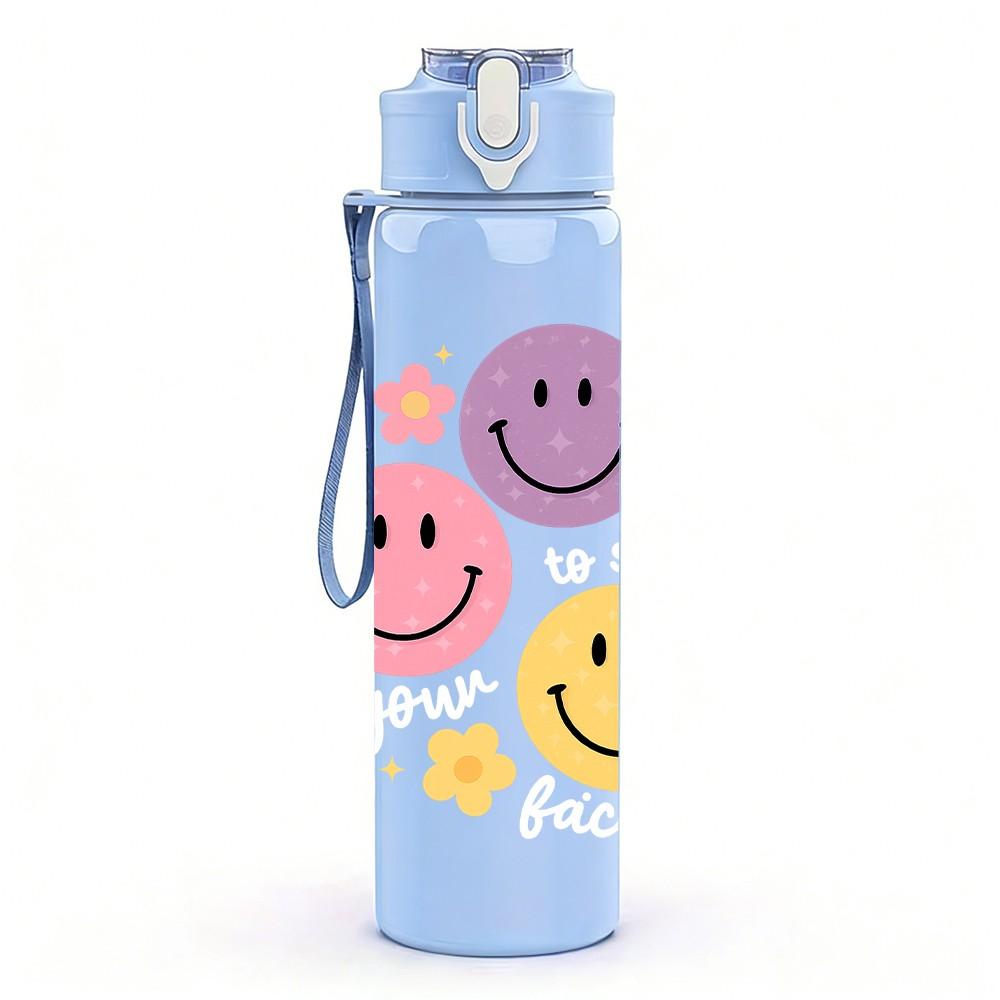 1PC Colorful Smiley Face Trio 750ml Color Plastic Sports Water Bottle Leakproof Flip Straw Lid Suitable for Sports Office Home Use
