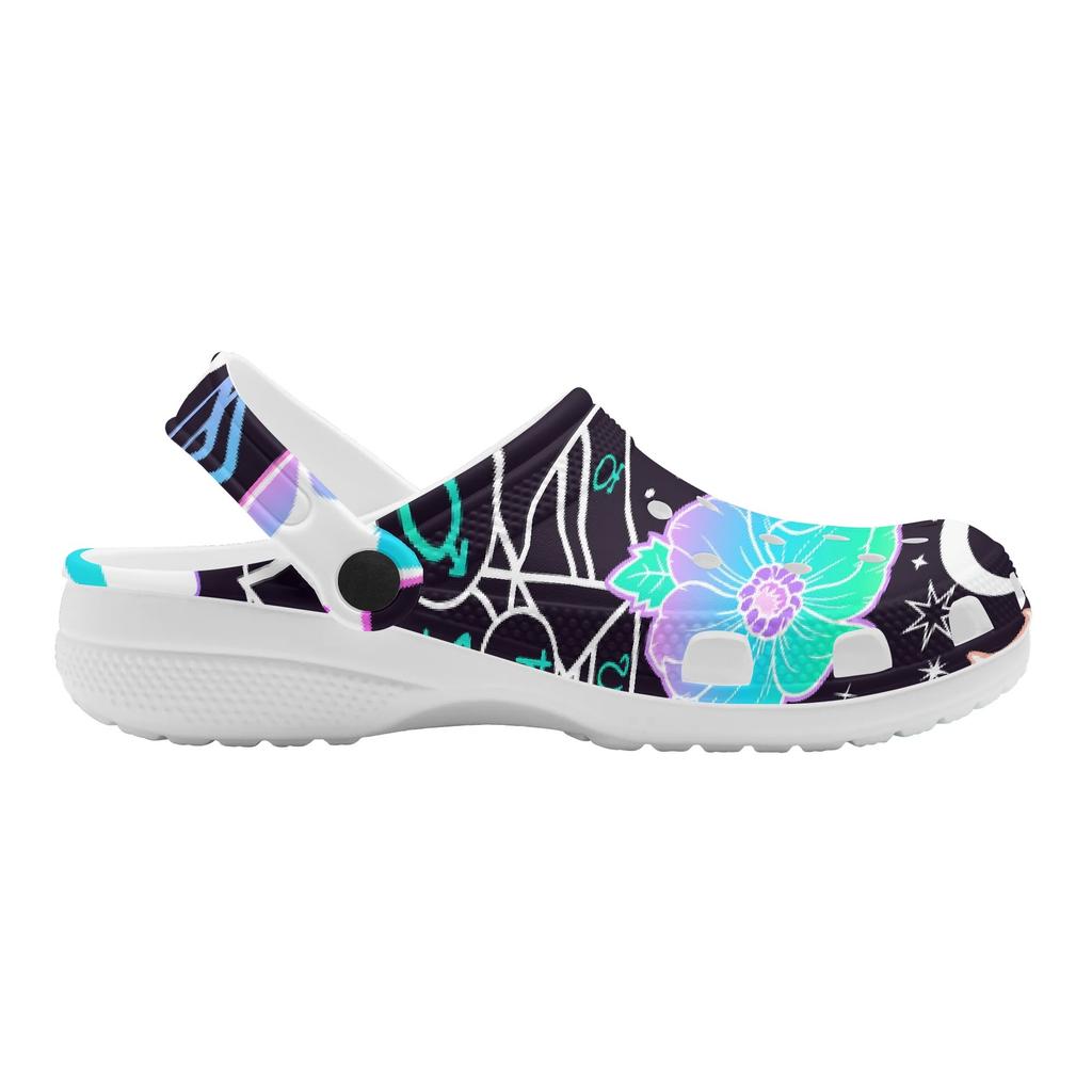 White EVA Clogs with Colorful Eye Print, Lightweight Slip On Garden Shoes, Breathable Beach Sandals, Indoor Outdoor Slippers for Men Women