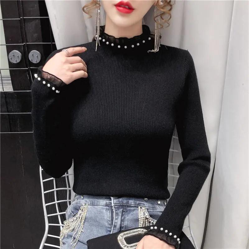 Semi-turtleneck Sweater Bottoming Shirt Women's Autumn and Winter Long-sleeved Top Beaded Lace Slim-fit Knitted Sweater