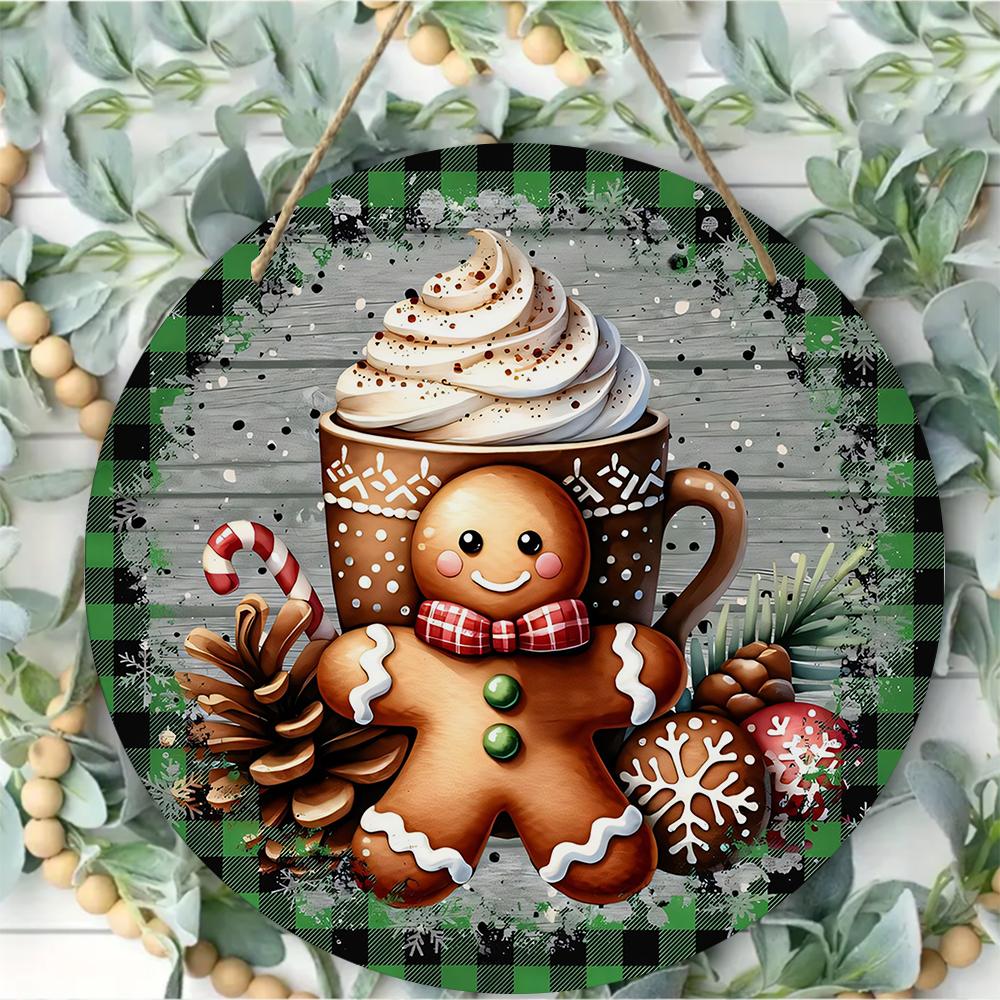Gingerbread man cocoa mug farmhouse sign Round Wooden Hanging Plaque seasonal wall art rustic buffalo plaid home holiday decoration