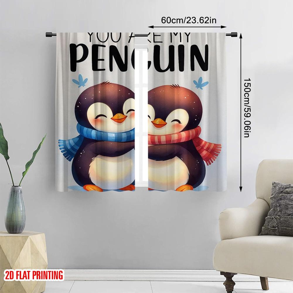 2pcs,2D plane printing Popular Curtains Penguin Love 100% Polyester (without rod) Gifts Use for Living Room, Semi-Sheer