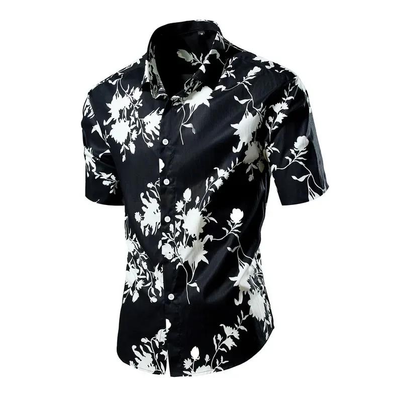 Green Men's Printed Short Sleeve Shirt, Summer Beach Casual Shirts, Single Breasted Lapel Camisa Chemise