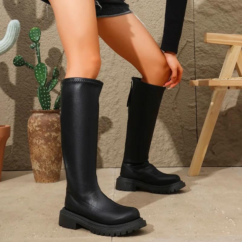 Women's Shoes 2024 Hot Sale Back Zip Women's Boots Fashion Round Toe Modern Boots Women Winter Plus Size Solid Knee-High Boots