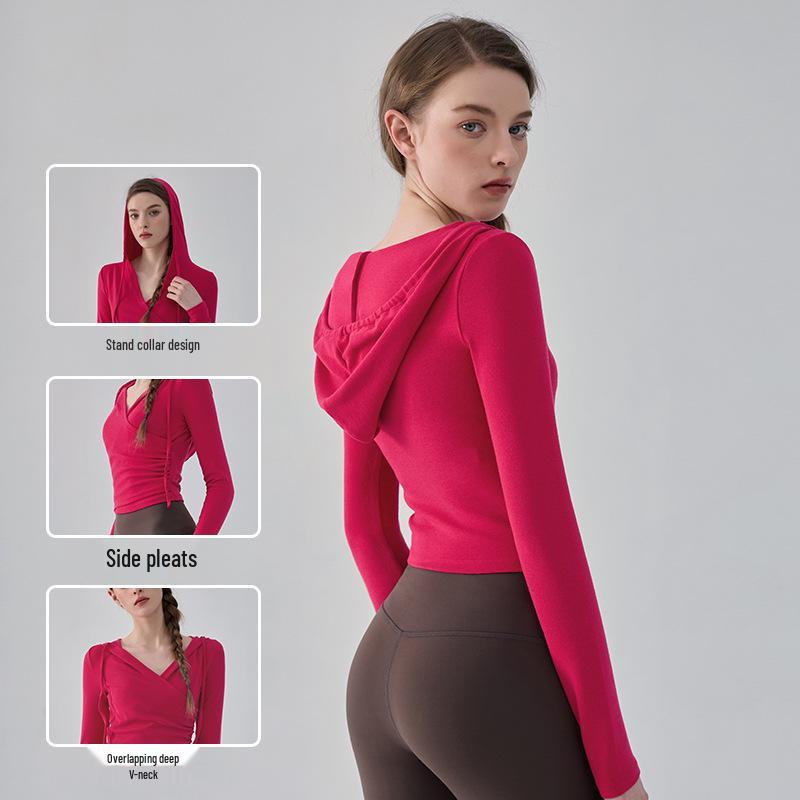 Women's Hooded Slim-Fit V-Neck Yoga Suit - Autumn & Winter Long-Sleeved Fitness Top for Running & Pilates