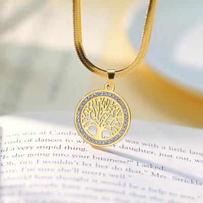 Tree of Life Zircon Pendant Necklace Women Stainless Steel Snake Chain Choker Wedding Gift Jewelry