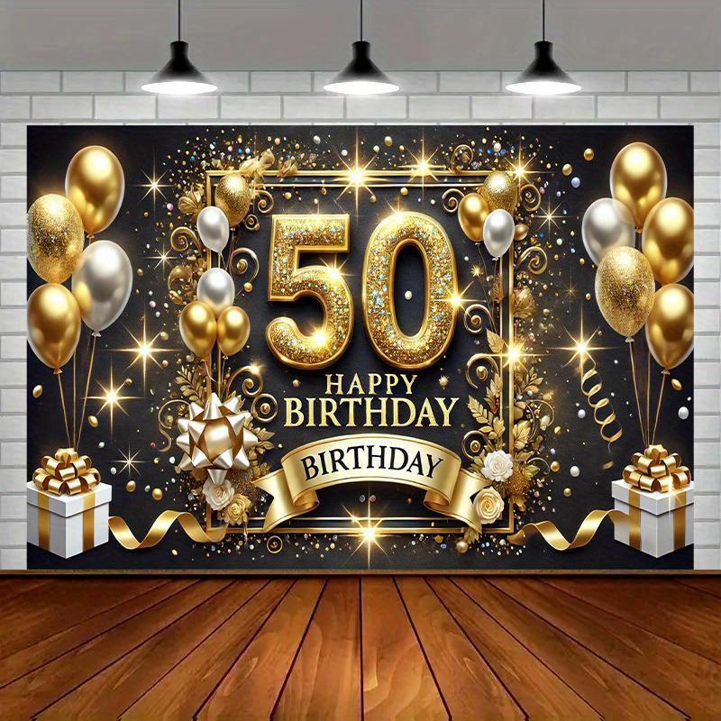 2D flat banner, 1 piece - 50th birthday celebration party banner - golden yellow and black polyester fiber background