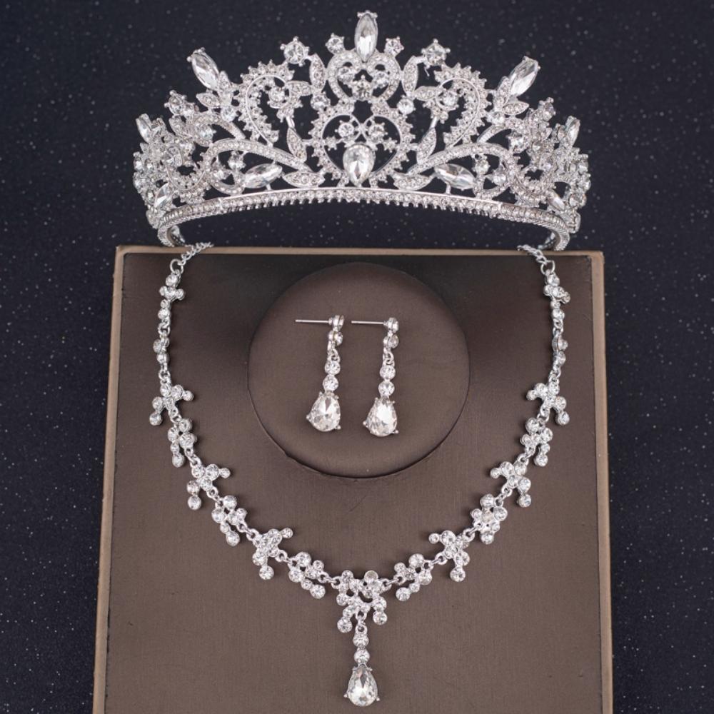 Set de cercei colier coroană de cristal de lux Set de bijuterii de mireasă cu strasuri Accesorii de păr pentru nuntă de mireasă Set de tiare pentru coroană