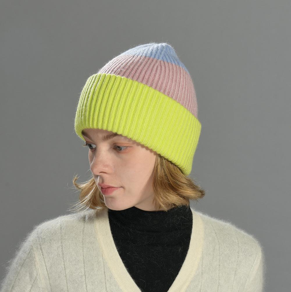 Color Matching Rabbit Plush Wool Hat Double-layer Flipped Brim Versatile Knitted Hat Warm Autumn and Winter Fashion Windproof Striped Hat Women