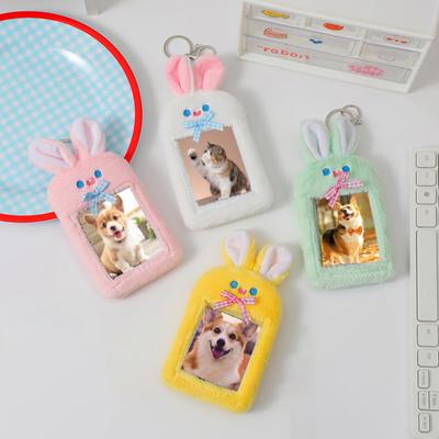 Držák karty s přívěskem na klíče Fuzzy Plyšový Roztomilý králík ve tvaru mašličky Mini Kpop Idol Ochranný kryt na fotografickou kartu Školní potřeby
