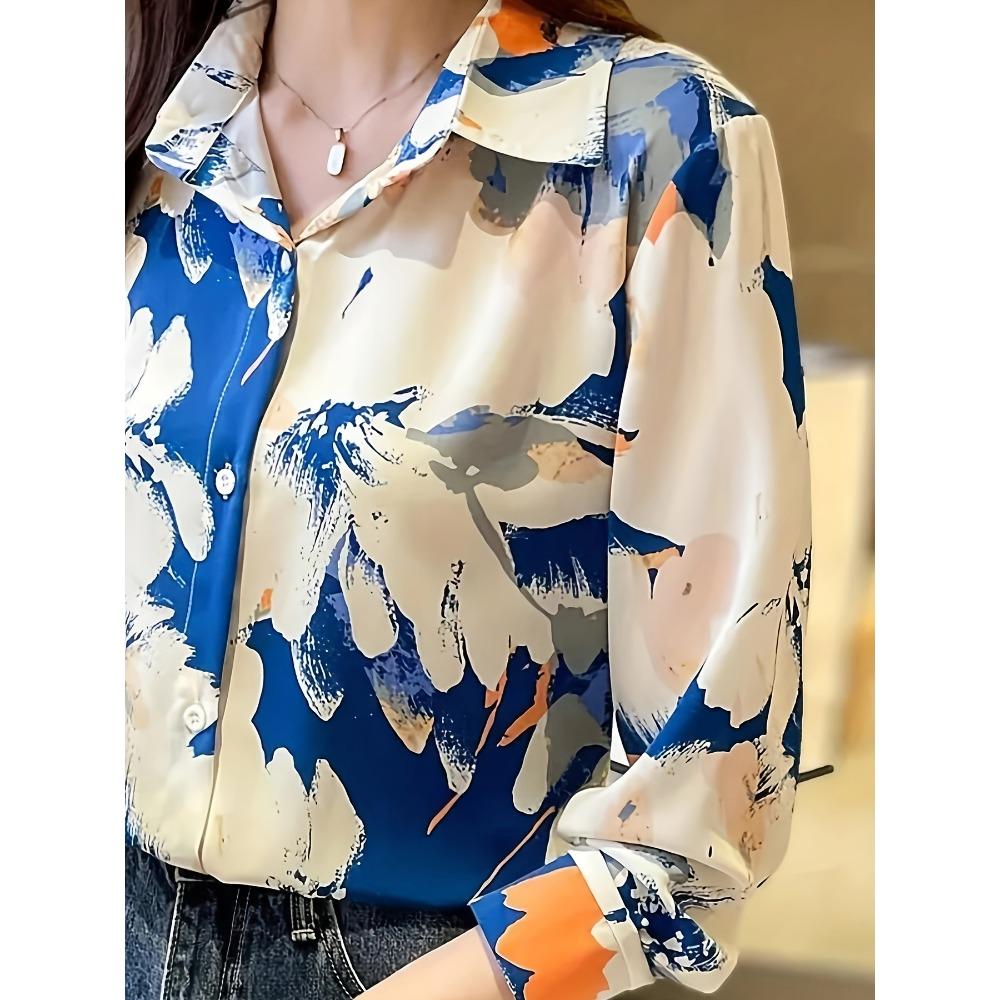 Women's Casual Vacation Style Full Print Long Sleeve Shirt, Spring and Autumn