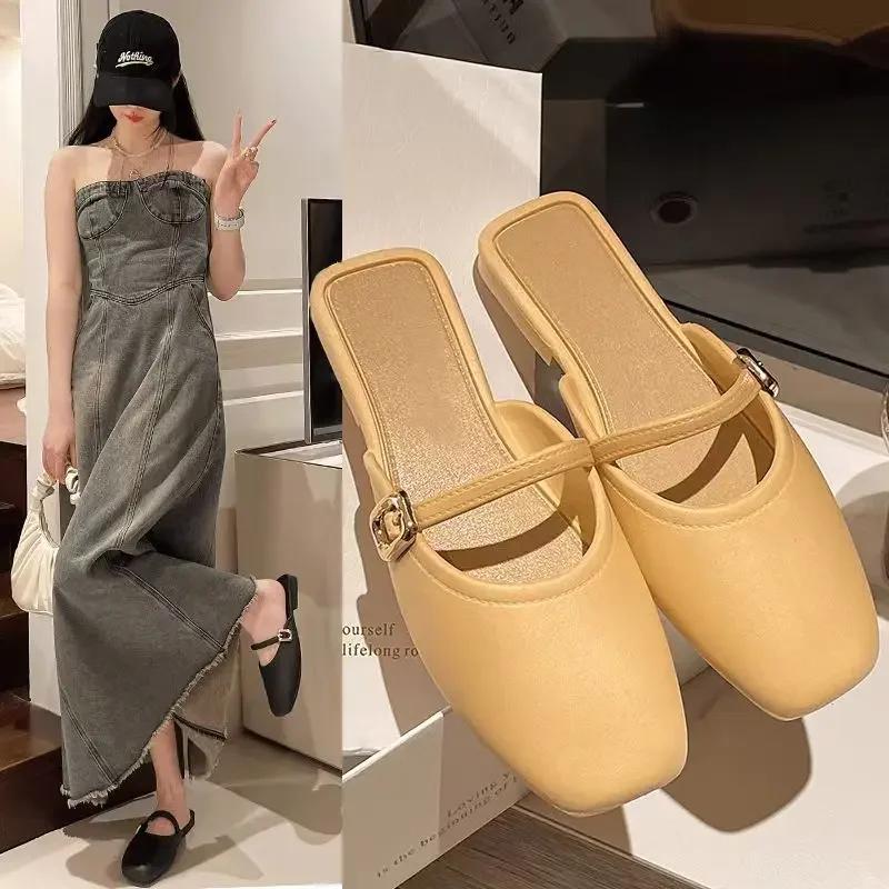 Fashion French Head Half Slippers Women Wear 2025 Spring Summer New Shallow Mouth All Soft Leather Mueller Shoes Beach Single Shoes