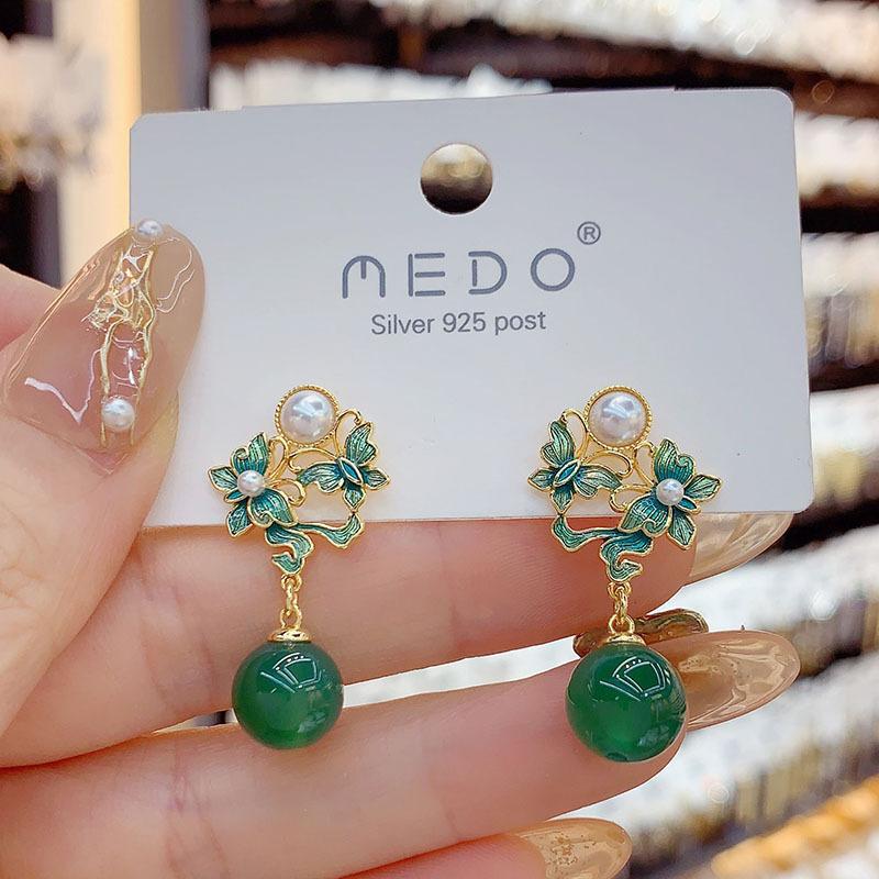 Chinese style new Chinese style enamel butterfly stud earrings high-end flower Guochao court style earrings temperament earrings зелёный
