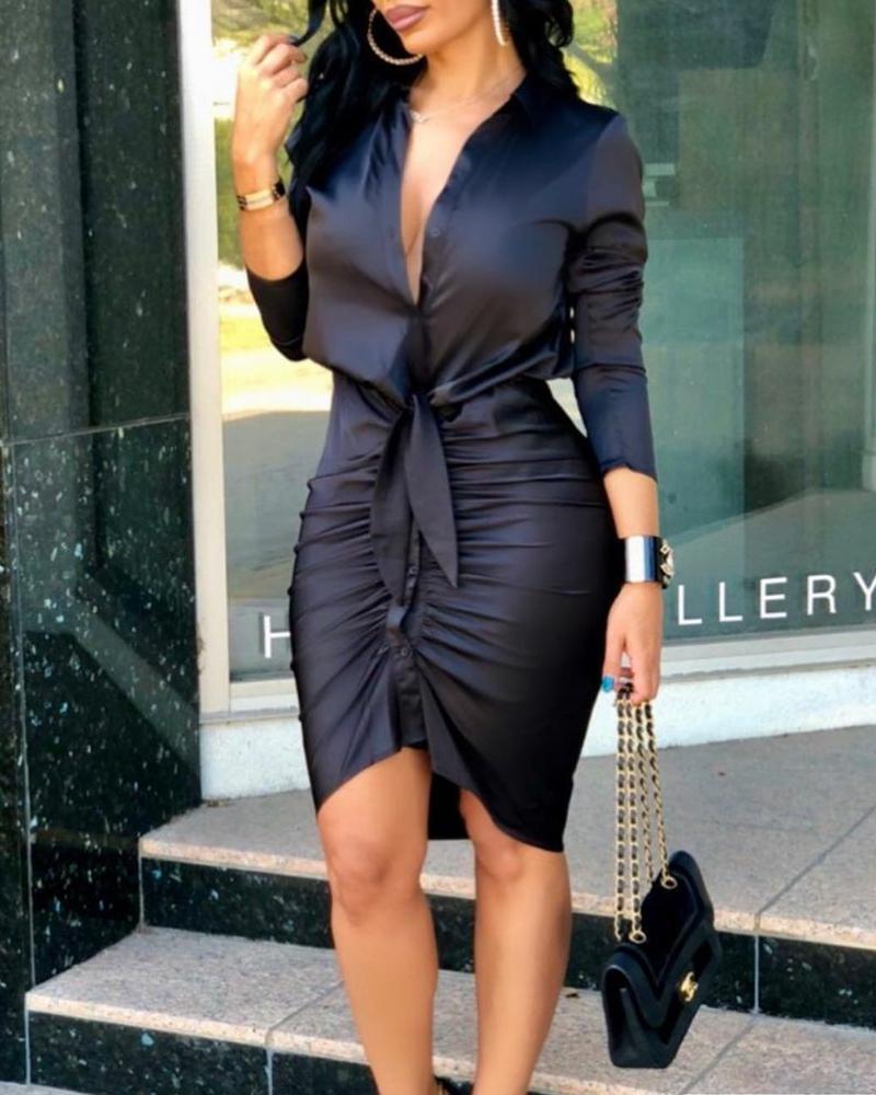 

**Summer V-Neck Solid Color Long Sleeve Midi Shirt Dress for Women** Large