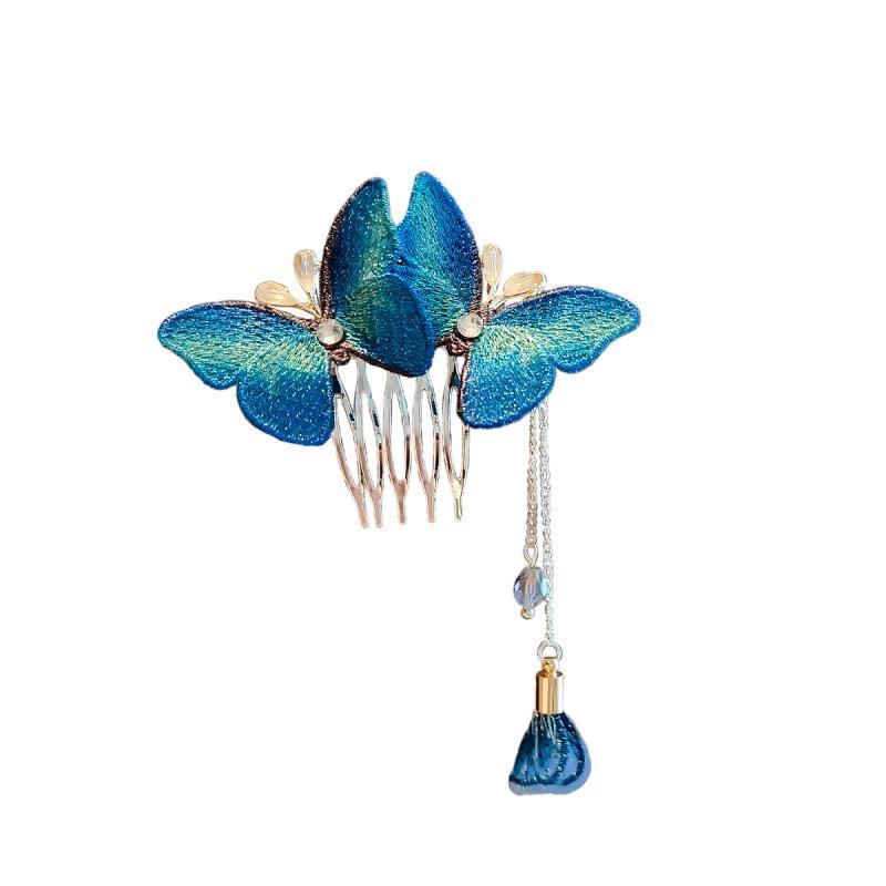 Eleganter blauer bestickter Schmetterling Haarkamm - Antiker Stil Hochsteckfrisur Accessoire