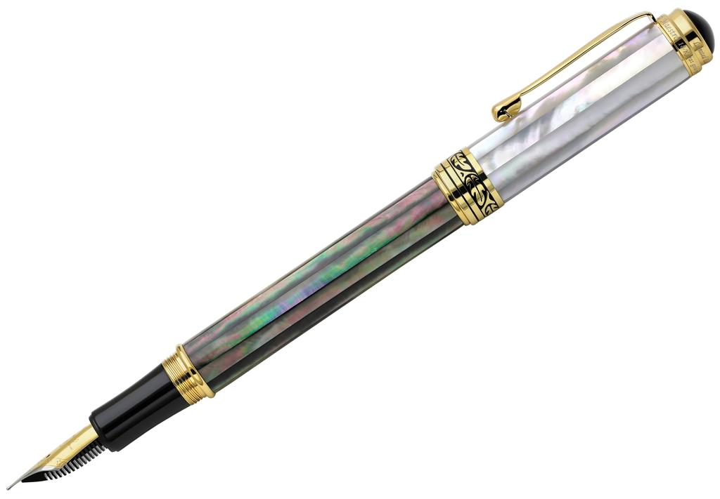 Xezo Maestro Fountain Medium Marine Tahitian Black White 18kt No Two Pens Are Pen, Nib, Iridescent, Origin, & Mother-of-Pearl, Gold-Plated Fittings.