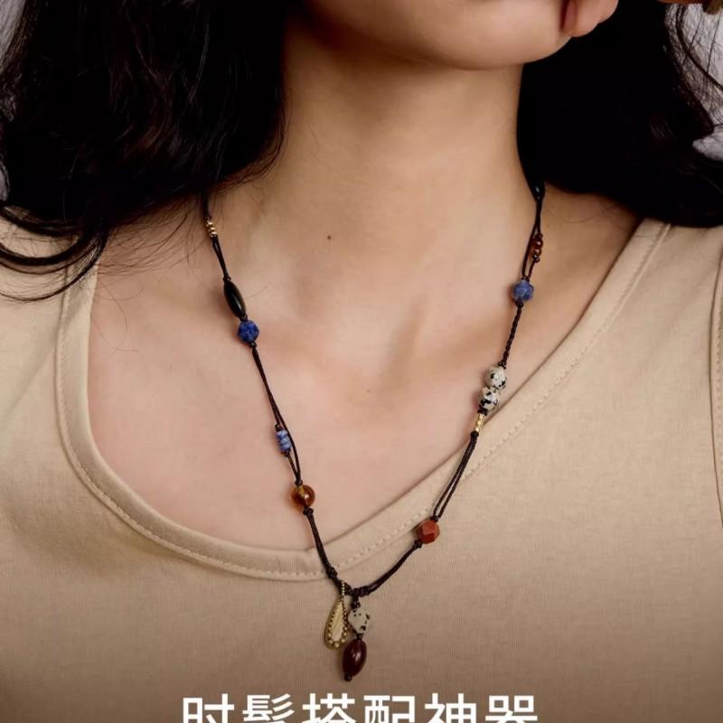 Handwoven Rope Beaded Necklace Women Boho Chic Layered Pendant Chain With Crystal Drop Lightweight Alloy Statement Jewelry