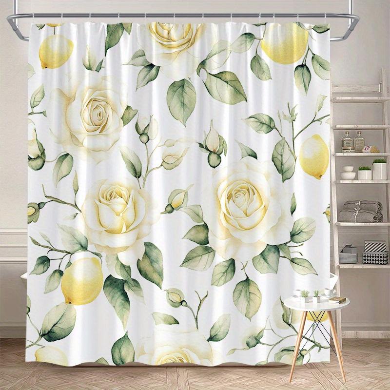 1 шт. Шторка для душа с белыми розами и зелеными листьями - С желтыми лимонами, Полиэстер,  Натуралистичный цветочный дизайн W90XH180cm