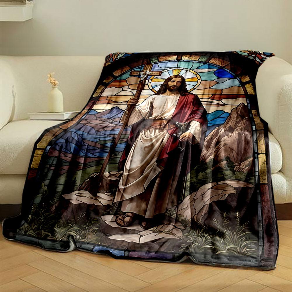 Jesus Cross Mountain Stained Glass Style Blanket Printed Blanket for Living Room Bed Couch lunch break Soft Cozy Blanket for Friend's festival Gift