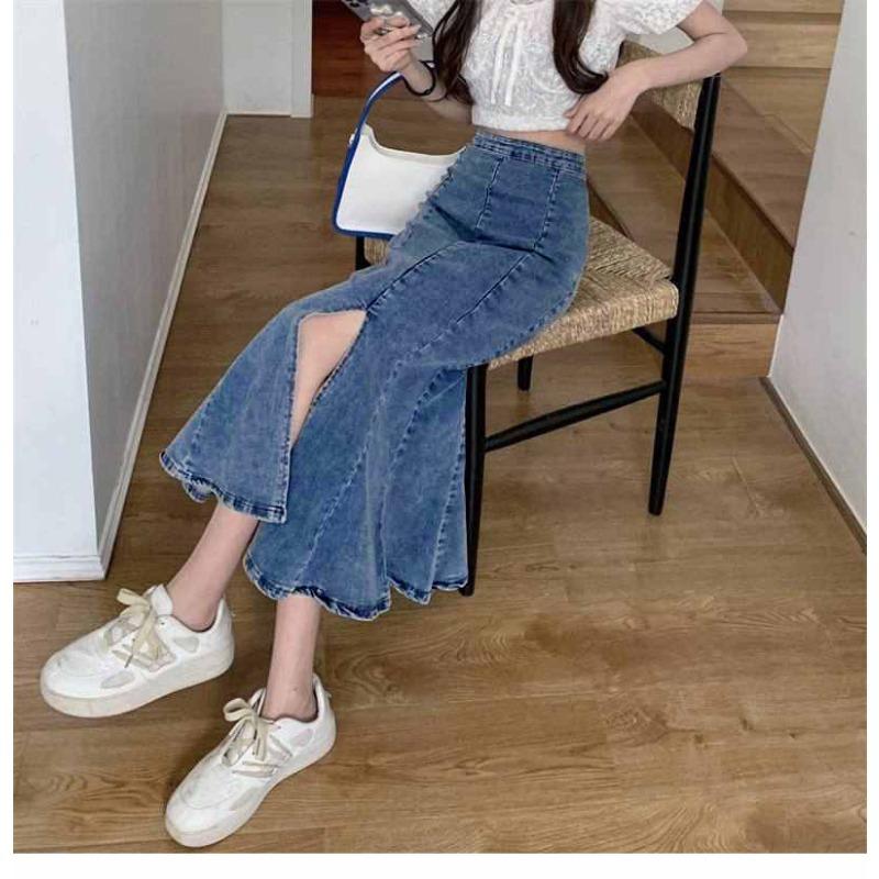 Women's High Waist Denim Mermaid Skirt Slit Flared Hem Mid-Length Casual Bottoms