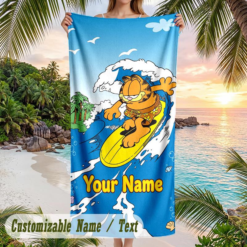 Garfield Beach Towel, Personalized Custom Text, Quick Dry Soft Large Towel For Swimming Pool Travel