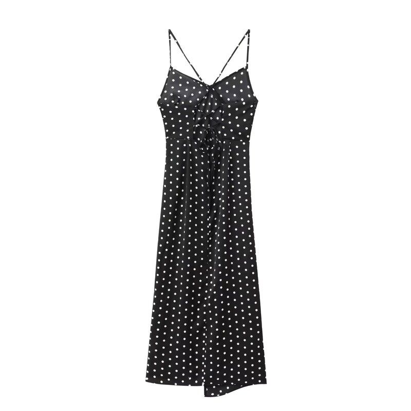 Fashion Style 2024 Summer New Arrival Women's Sling Ruched Decorative Polka Dot Print Midi Skirt Dress 2976764