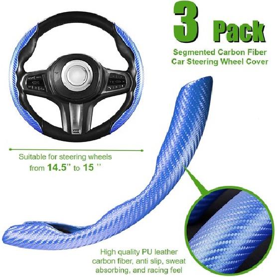 3 Pack Anti-Skid Segmented Carbon Fiber Car Steering Wheel Cover Protector Blue