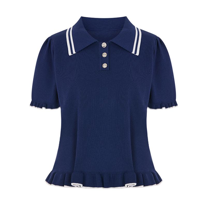 SELLY'S Tennis Collar Ruffle Short Sleeve Knit_I6B-Ckn011