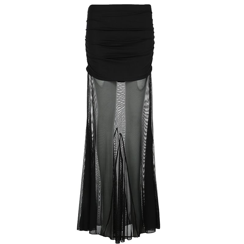 

H Home European and American Women s Clothing Abstinence Series Black Mesh See-through Skirt Dark Sexy Ruffle Hip Mop Long Skirt Black S