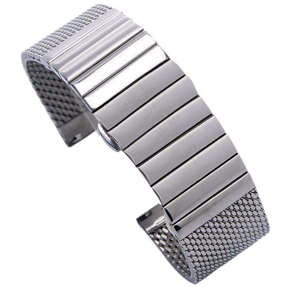 20mm Silver Milanese Mesh Web+Strip Stainless Steel Watch Band Strap Bracelet with Push Button Hidden Clasp Watch Accessory