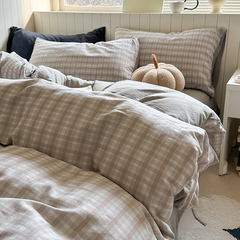 Korean Pink Grid Bedding Sets For Girls  New Flat Sheet Duvet Cover Set Pillowcase Bed Linen Queen Full Size Quilt Cover