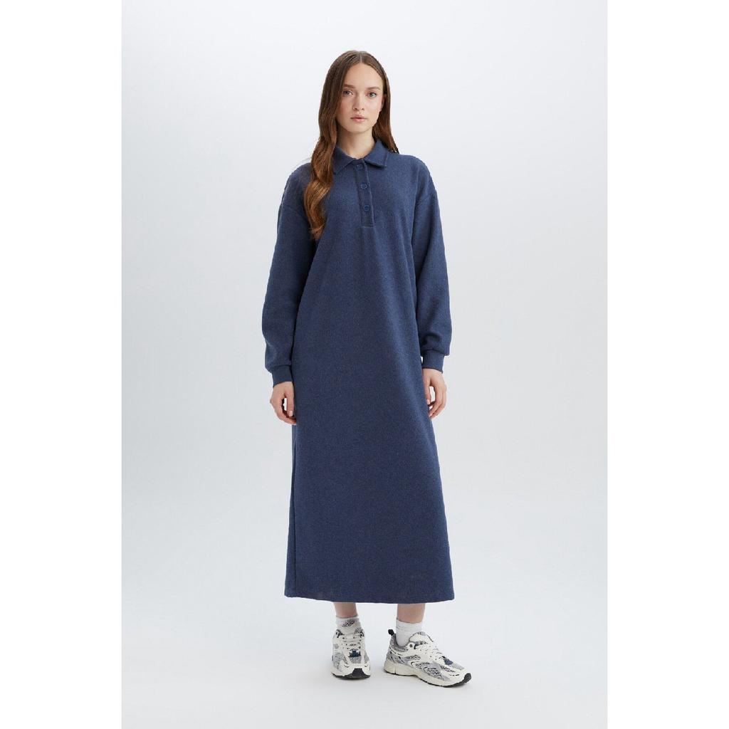 Buttoned Polo Neck Basic Plain Long Sleeve Selanik Fabric Maxi Knitwear Dress B7260ax24wn