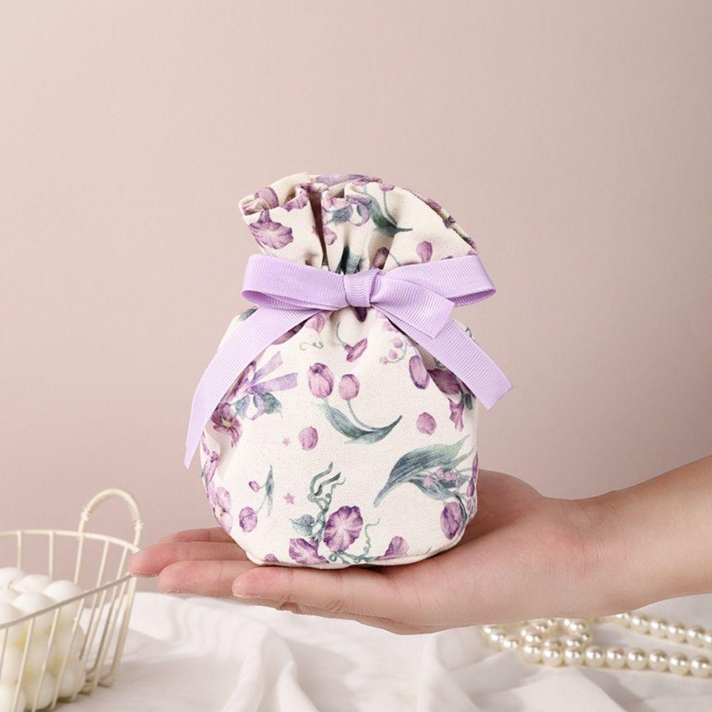 Floral Canvas Flower Drawstring Bag Ribbon Bow Festive Sugar Bag Fashion Bowknot Handbag Wedding