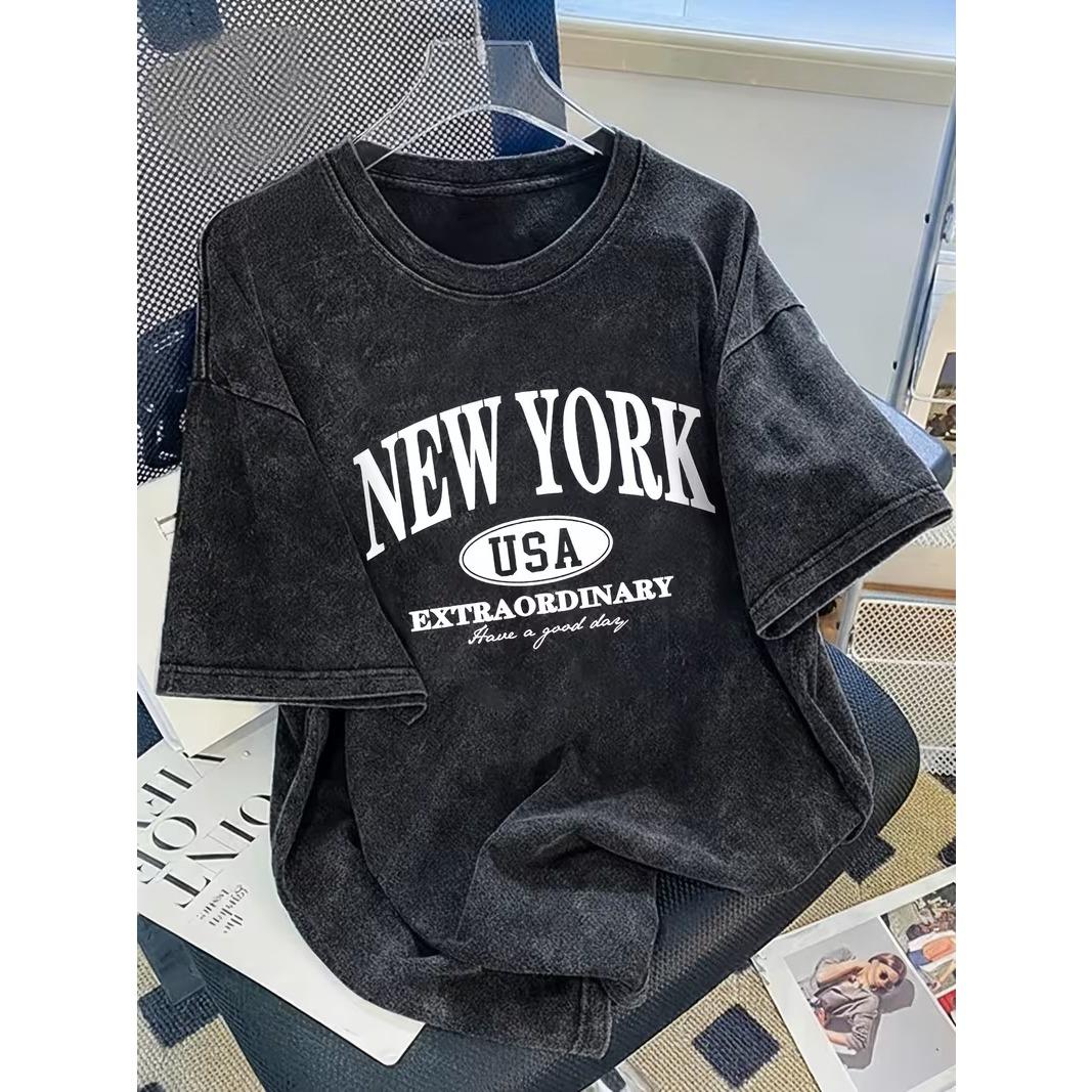 New York Text Printed Tshirt Ladies Daily Casual Round Neck Tshirt Washed Tshirt Unisex Streetwear S