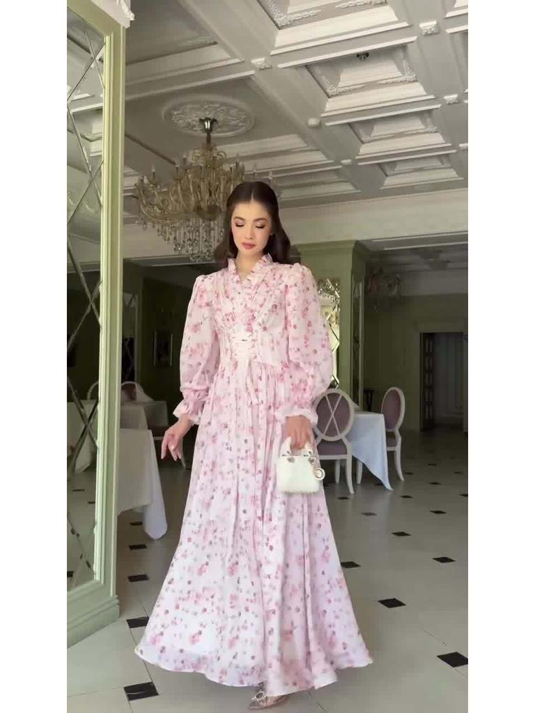 2025 Frühling Retro Elegantes Florales Langes Kleid mit Taillenbetonenden Langen Ärmeln für Damen.