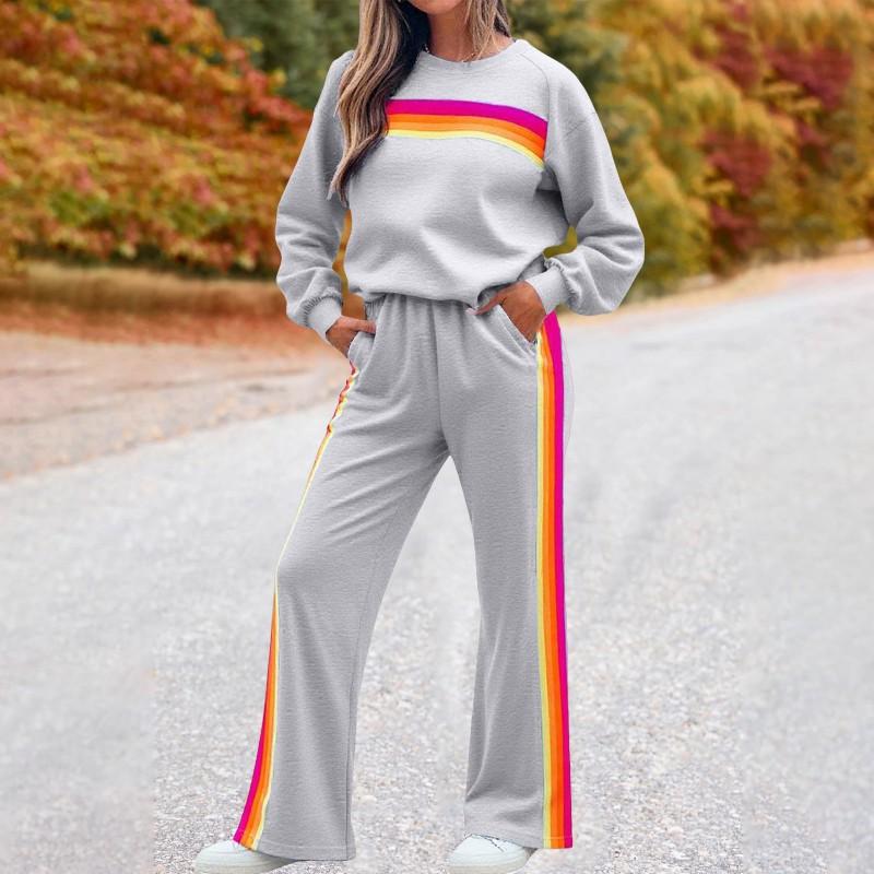 2026 Womens Rainbow Fleece Lined Hoodie Pants Set Casual Long Sleeve Two Piece Fall Winter
