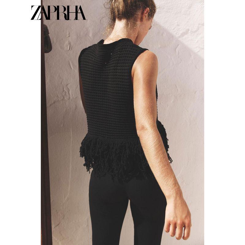Zaprha 2025 Autumn New Sweet Plaid Knitted Tassel round Neck Sleeveless Vest Top 4331027