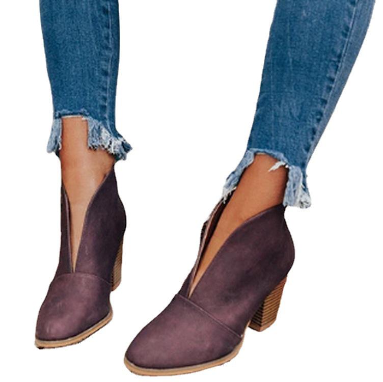 Europäische und amerikanische Mode Slip-on Nude Kurze Stiefel Damen, Grenzüberschreitend, Große Größe, Dicker Absatz