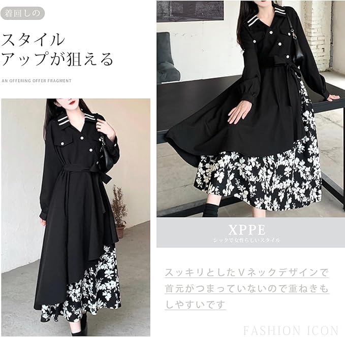 xppe Long Dress with Floral Women's V-Neck Belt, Print, A-Line, Flared, Black, Summer/Autumn