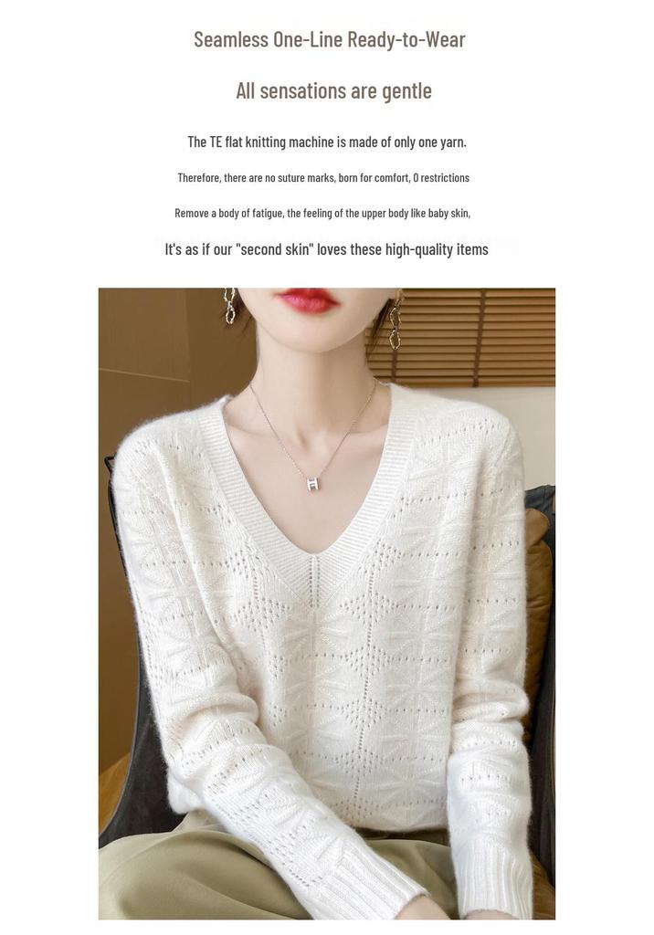 Women's V-Neck Hollow-Out Wool Sweater: Long-Sleeved, Loose-Fit Knit Base Layer