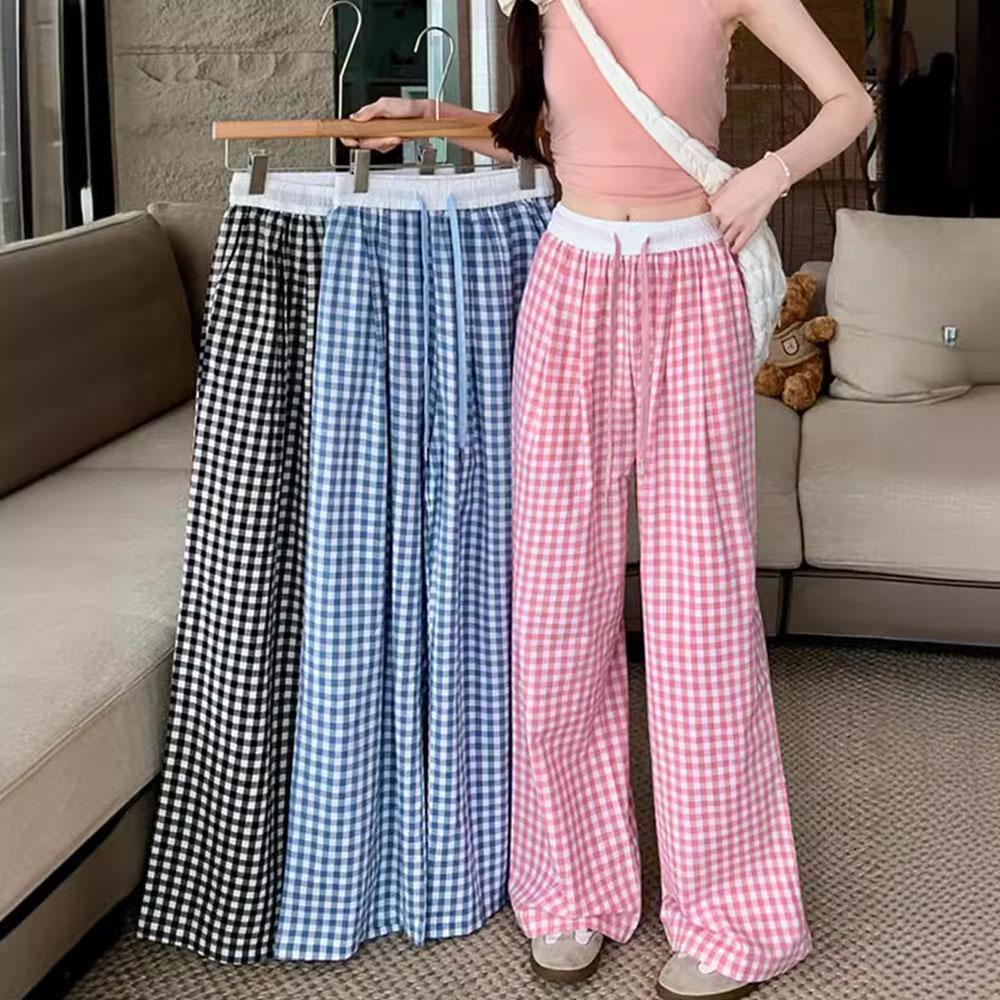 Women's Thin Summer Casual Plaid Pants Straight Trousers Jogger Jogging Pants Sweatpants Streetwear Women