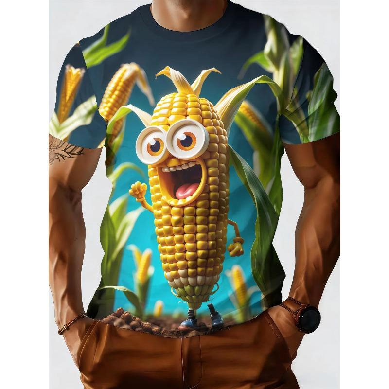 Men's 3D Cartoon Anthropomorphic Corn Cob Farm Leaf Print T-Shirt Crew Neck Short Sleeve Funny Food Casual Tee Top