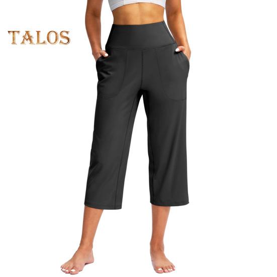 Women Yoga Pants Elastic High Waist Loose Leg Cropped Trousers with Pockets Sporty Casual Style Pants