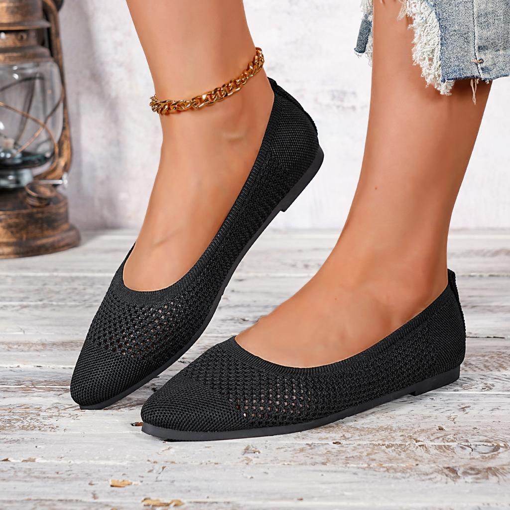 Fashion Women Pointed Toe Breathable Flat Shoes Solid Color Knitted Slip On Loafers Women Casual Lightweight Ballet Flats Shoes Women