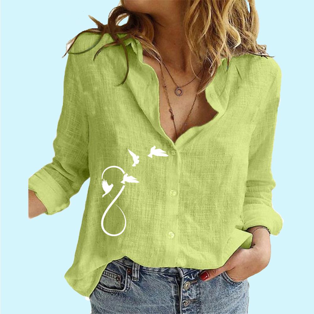 Damen Mode Knopfleiste Bluse Damen Locker Baumwolle Leinen Oberteil Lässiger Druck Langarmhemd