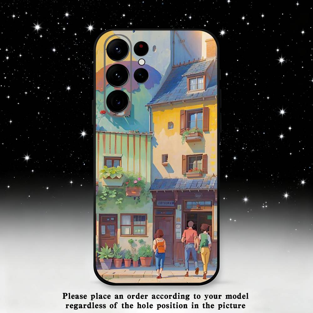 Stylized Houses Painting Phone Case For Samsung S25,S24,S23,S22,S21,S20,S10,Ultra,Plus,Lite,FE,Soft Silicone Black Cover