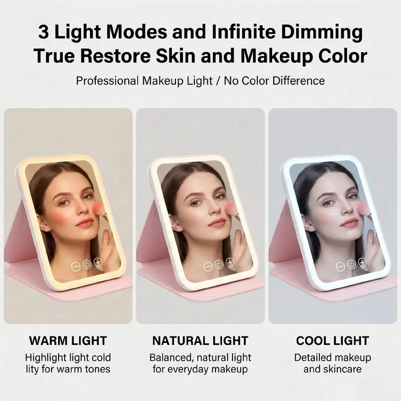 USB Rechargeable Vanity Mirror with Touch Screen, 3 Color LED Lights & Dimming, Portable Folding Makeup Mirror for Home & Travel