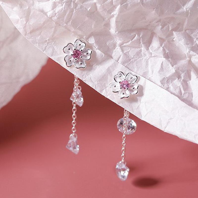 Korean Romantic Cherry Blossoms Flower Tassel Earring For Women Sweet Pink Tulip Opal Pearl Zircon Earring Trend Wedding Zircon