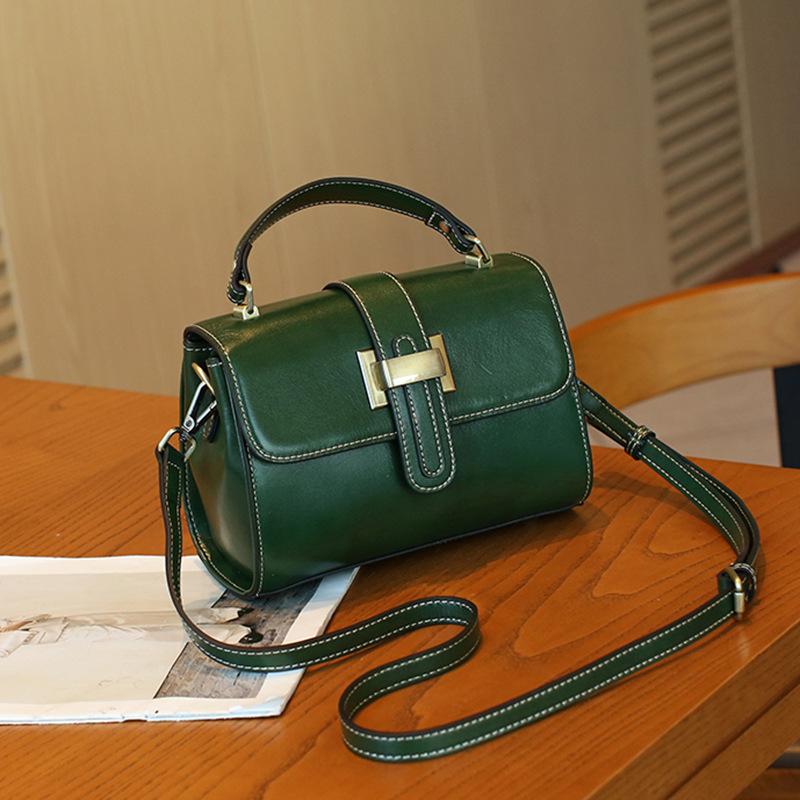 Leather Women's Bag First Layer Vegetable Tanned Cowhide Retro Shoulder Bag Premium Lock Handbag